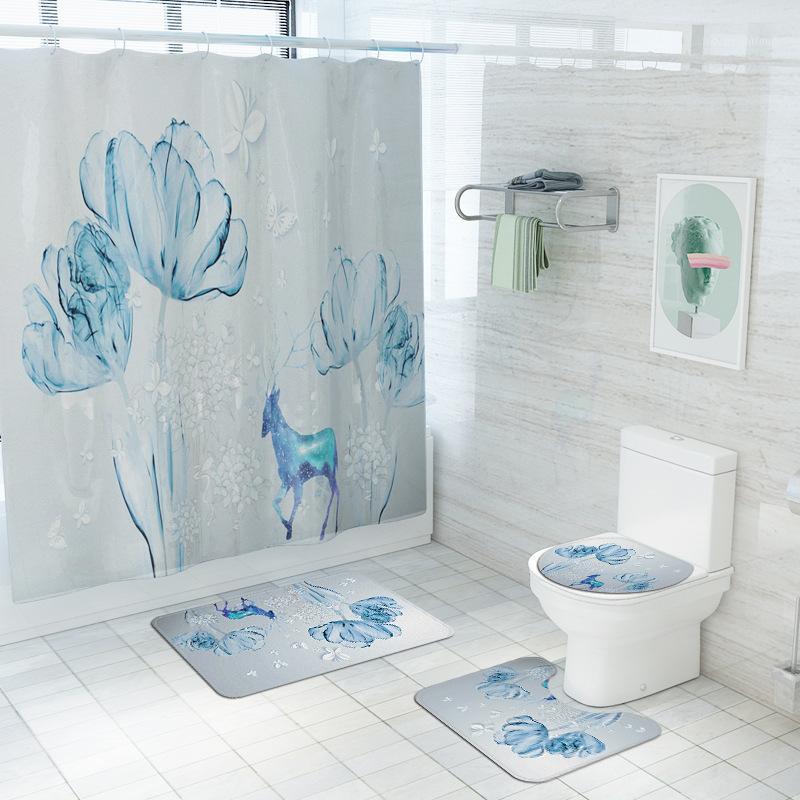 

Nature Deer Flowers Fabric Shower Curtain Tulip Bathroom Curtains Set Toilet Cover Mat Non-Slip Bath Rug Carpet Sets Home Decor1