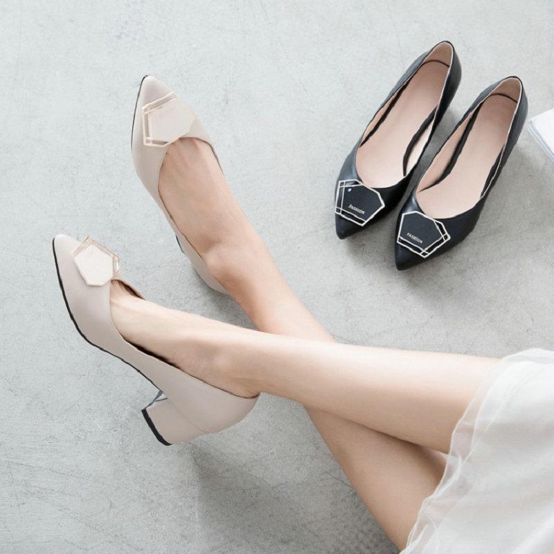 

Sianie Tianie 2020 women's chunky high heels office career shoes with metal decoration ladies pumps plus size 33-43, Beige