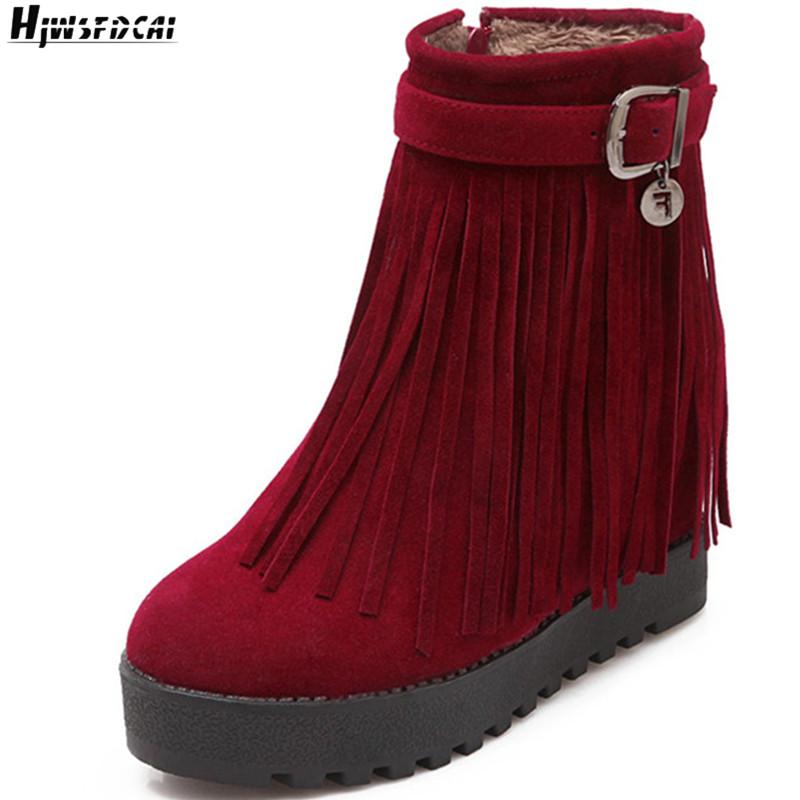 

Hjwsfdcai Belt Buckle Tassel Women Short Boots Ladies Internal Increase Platform Flat Ankle Boots Warm Round Toe Women Shoe New, Black