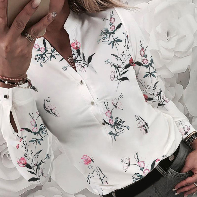 

Flower Heart Print Women's Blouse 2020 Fashion Spring Summer Casual Long Sleeve V Neck Shirt Ladies Elegant Buttons Dating Tops, White