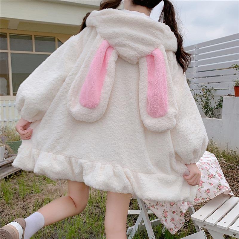 

Japanese Style Autumn Winter Women Sweet Warm Jacket Kawaii Soft Lambswool Ruffles Ears Hooded Coats Girls Parkas Outwear, Black