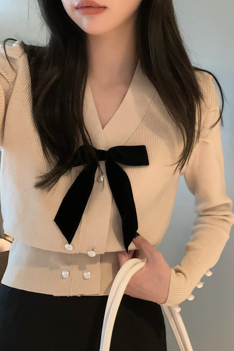 

Women's Sweaters Jumpers Pull Femme Korea Gentle Sweet Slim Bow Double Breasted Sweater Women Pullovers Pearl V Long Sleeve Knit Shirts Tops, White;black