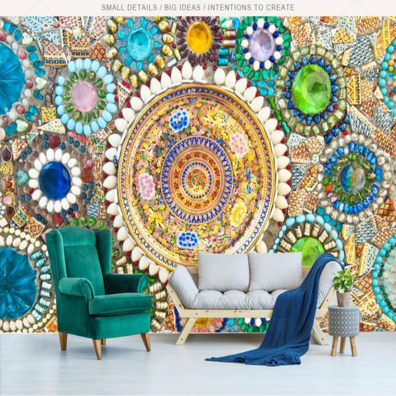 

Retro Bohemian Jade Mosaic 3d Wall Papers Home Decor Living Room Bedroom TV Background Decor Mural Wallpaper Papel De Parede 3d, Embossment paper