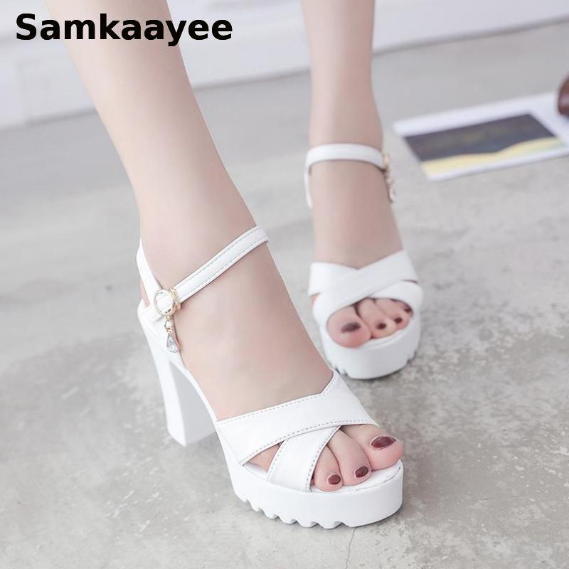 

Size 35-40 Womens High Heels Shoes Summer Female Leather Sandals 10cm Platform Pumps Mujer Peep Toe Buckle Strap Zapatos Y30, Black