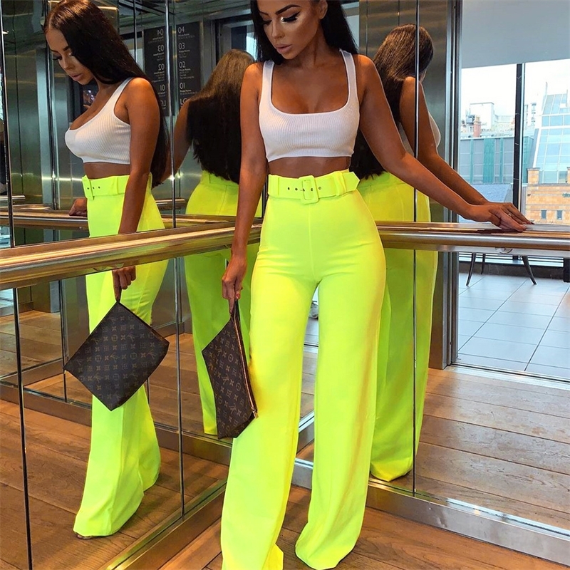 

Toplook Neon Wide Leg Pants Summer Women High Waist Streetwear Festival Trousers Loose Black Clothes Office Ladies Belt Y200114, Neon yellow