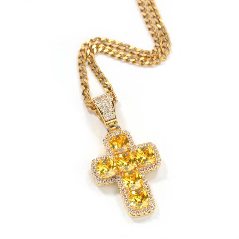 

THE BLING KING Yellow Stones Fashion Cross Tennis Chain Green Pendant Copper Zirconia Beautiful Jewelry