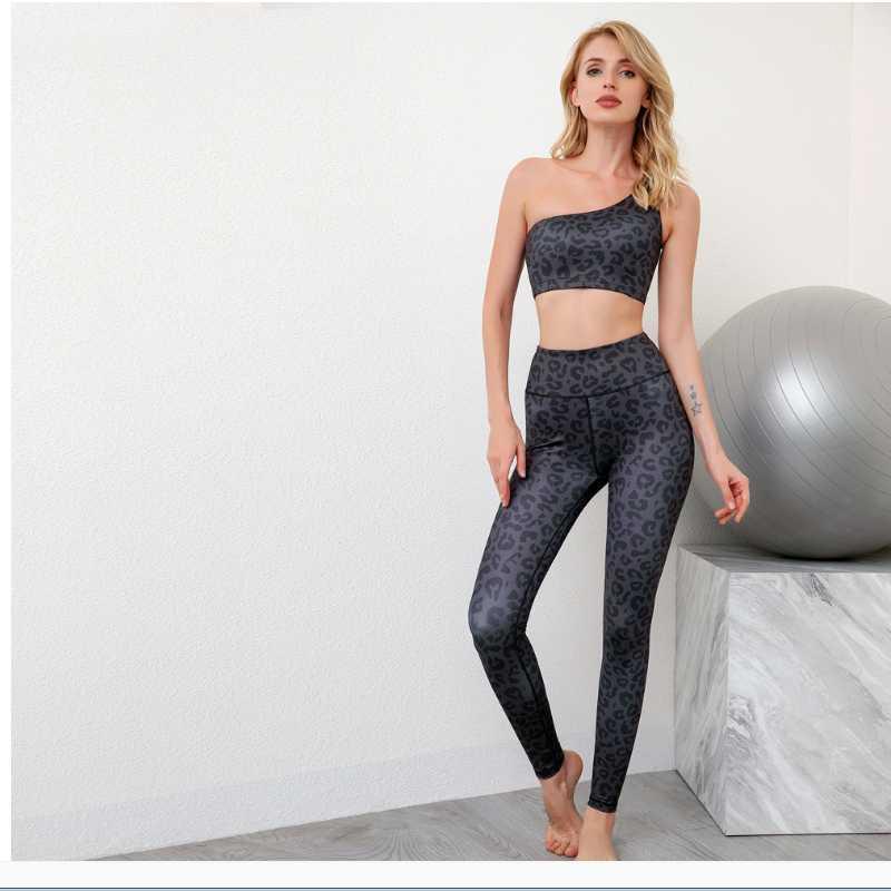 

Women' one shoulder leopard print running suit 2-piece set of solid color fitness elastic sports pants riding sports shockproof1