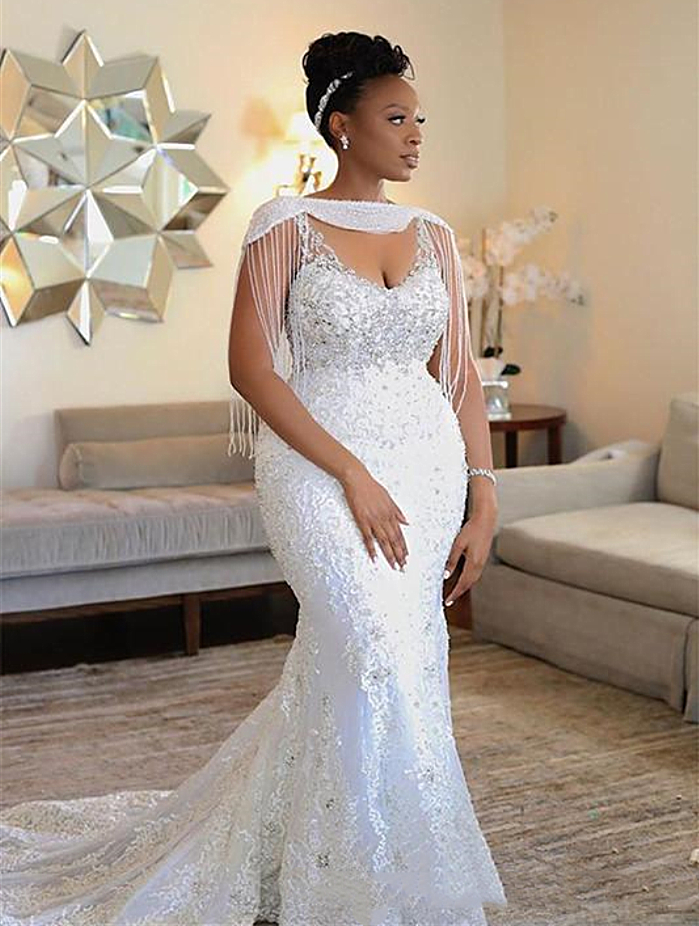 

Elegant African White Straps Mermaid Wedding Dresses Appliques Lace Beaded Crystals Cape Sleeve Long Tassel Bridal Gowns Plus Size Vestidos