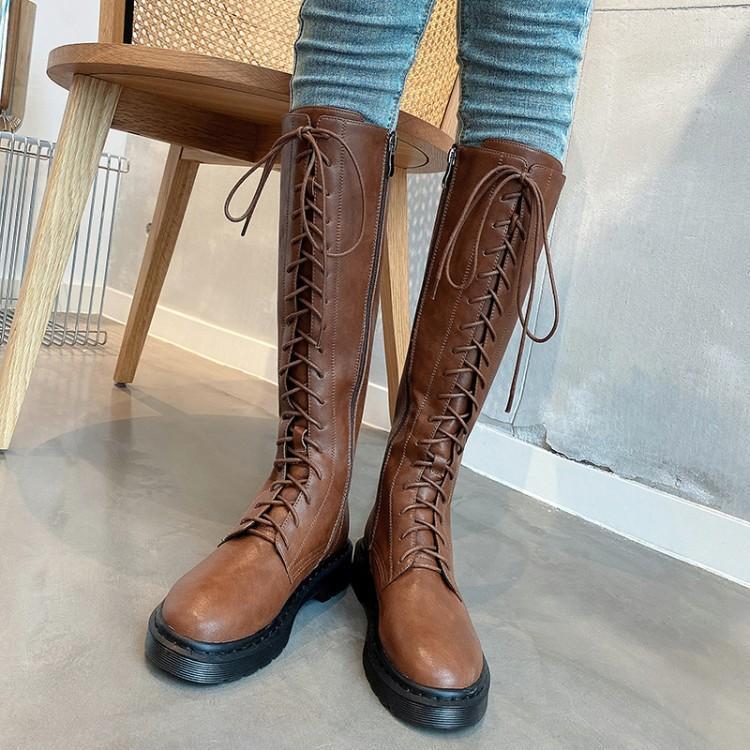 

MLJUESE 2021women knee-high boots leather winter short plush lace up round toe low heels female high boots size 401, Black