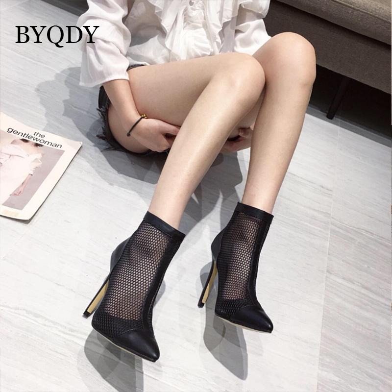 

BYQDY Spring Pointed Toe Woman Sock Boots Thin High Heels 10.5CM Mesh Hollow Women Pumps Back Zipper Gladiators Shoes For Girls, Black shoes