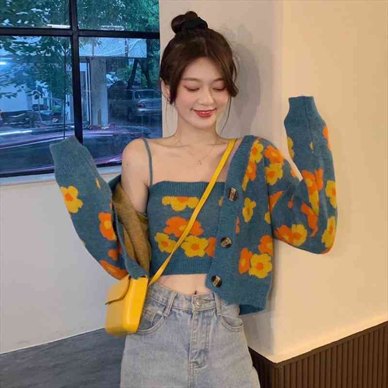 

Sweater Cardigan Womens Outer Wear Autumn And Winter Knitted Cardigan Suspender Two-piece Set Of Early Autumn Lazy Short, White;black