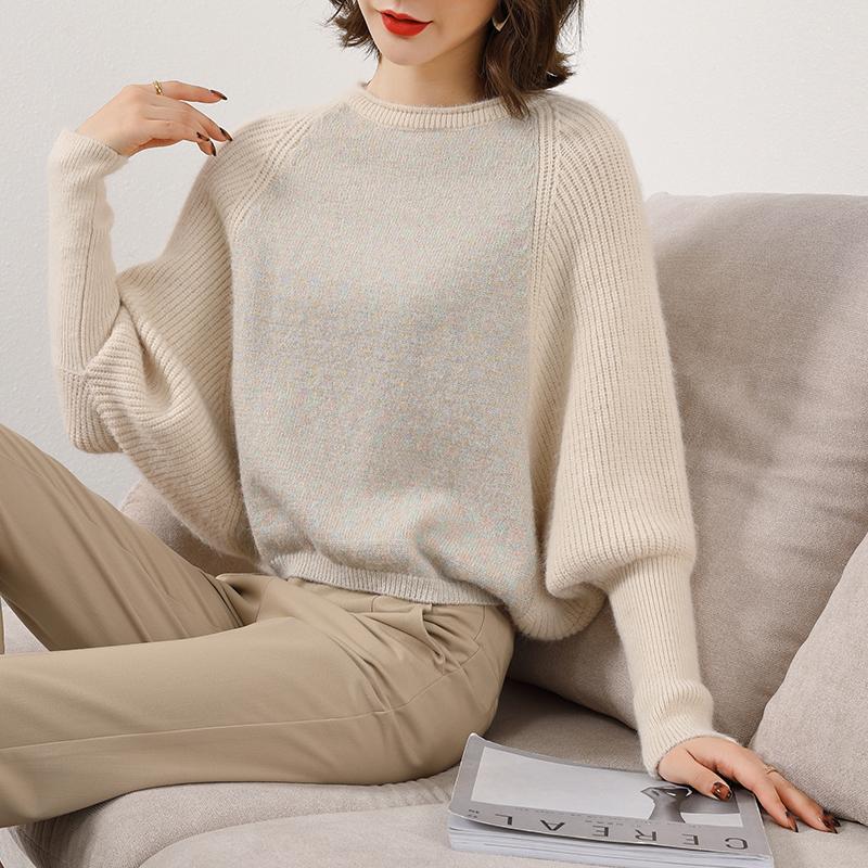 

Women 2020 Fashion Bat Sleeve Cropped Knitted Sweater Vintage Collar Stretch Slim Female Pullovers Chic Tops, Black