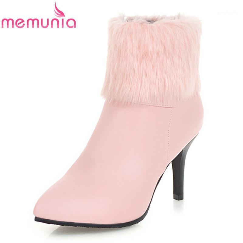 

MEMUNIA new arrival 2020 ankle boots white pink black thin high heels boots with faux fur pointed toe women winter shoes1
