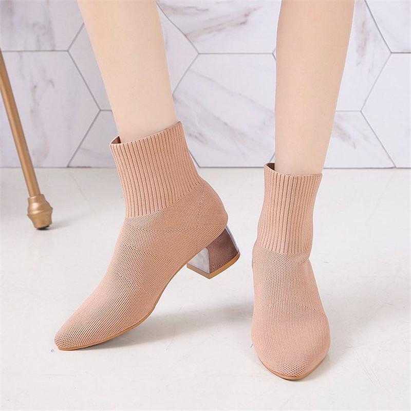 

COOTELILI Women Boots Shoes Winter Fashion Mid Heel Pointed Toe Boots For Woman Slip On Black Basic Botas Mujer Plus Size 40