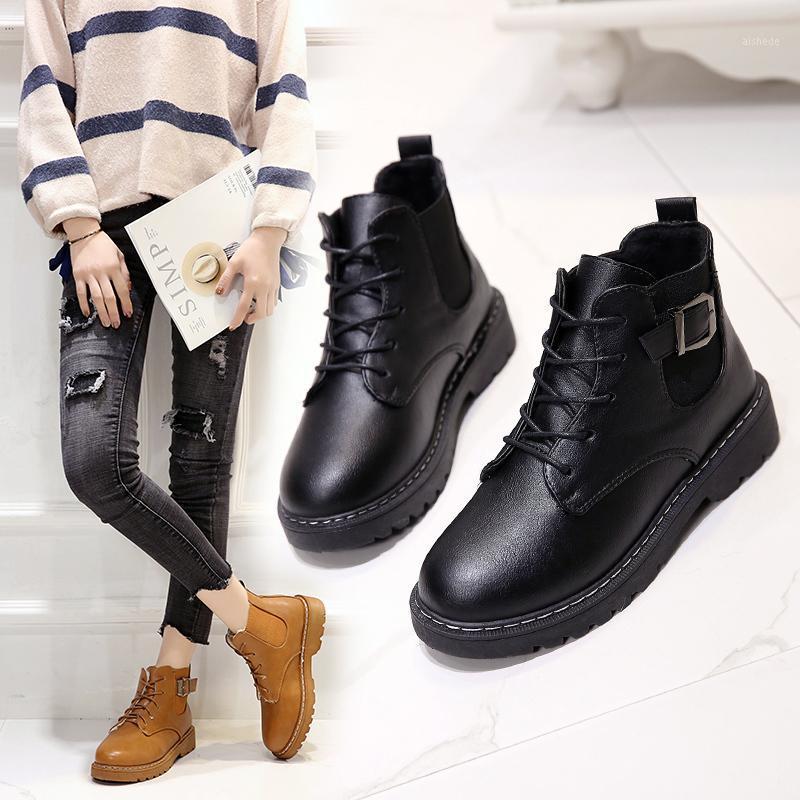 

Autumn Fashion Women Boots Brown PU Ankle Boots Buckle Ladies Casual Shoes Lace-up Women Motorcycle Boot botas mujer1, Black