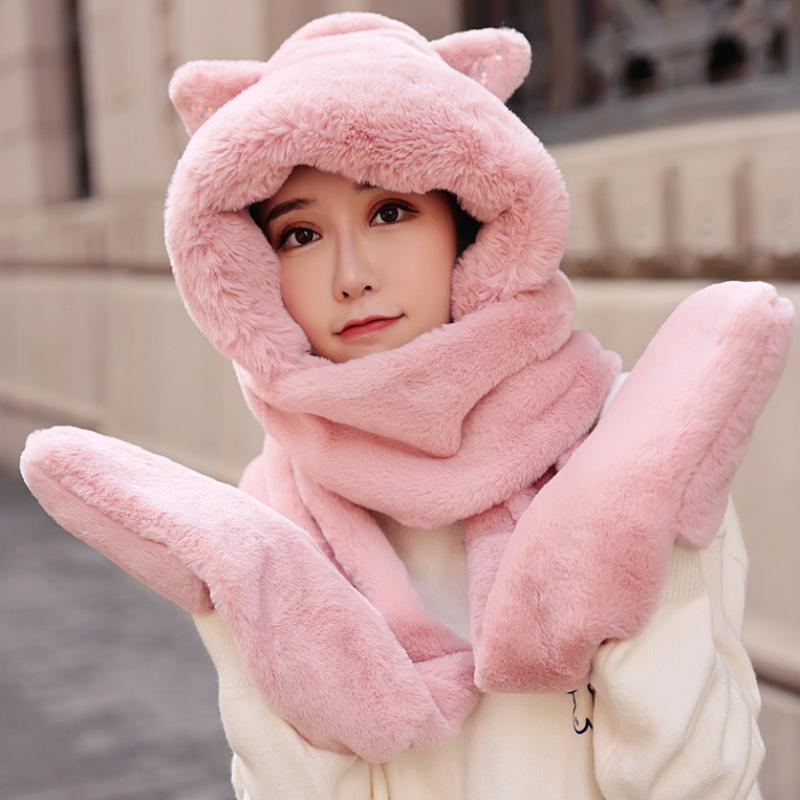 

HT3432 Women Winter Hat Cute Soft Fleece Hat Scarf Glove Set 3 in 1 Winter Accessory Lady Thick Warm Ski Earflap Cap Set