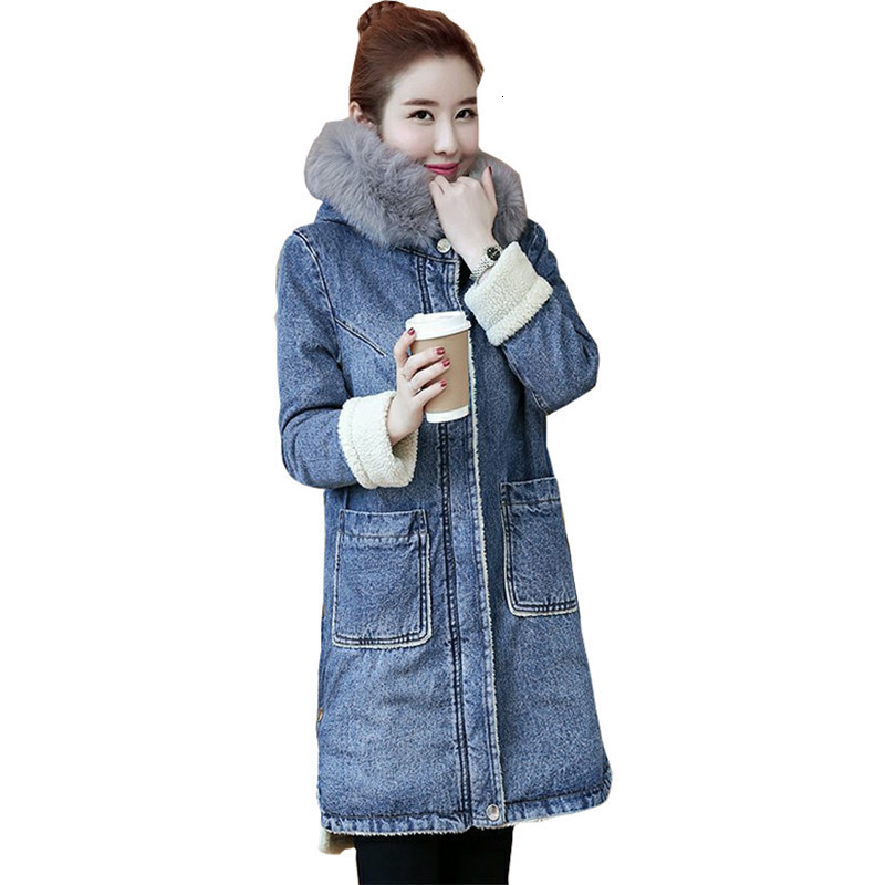 

2021 Winter New Women's Denim Coat Female Mid-length Plus Veet Lmitation Lamb Wool Cotton Clothes Keep Warm Jean Jacket A311 8ik3, Photo color