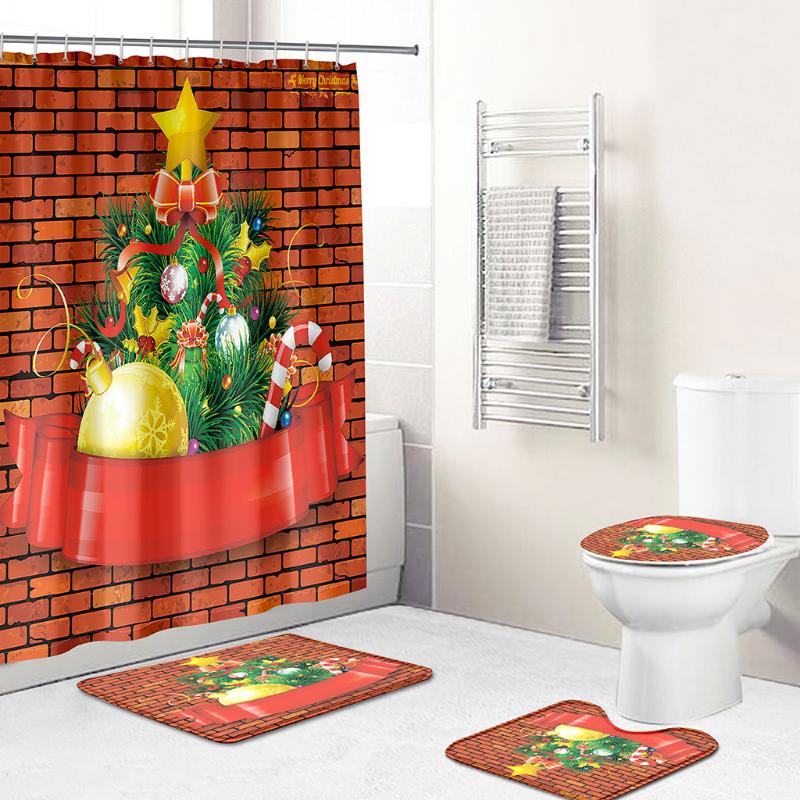 

Christmas Funny Printing 3D Printing Waterproof Shower Curtain Antiskid Flannel Toilet Three Piece Bathroom Curtain with Hook