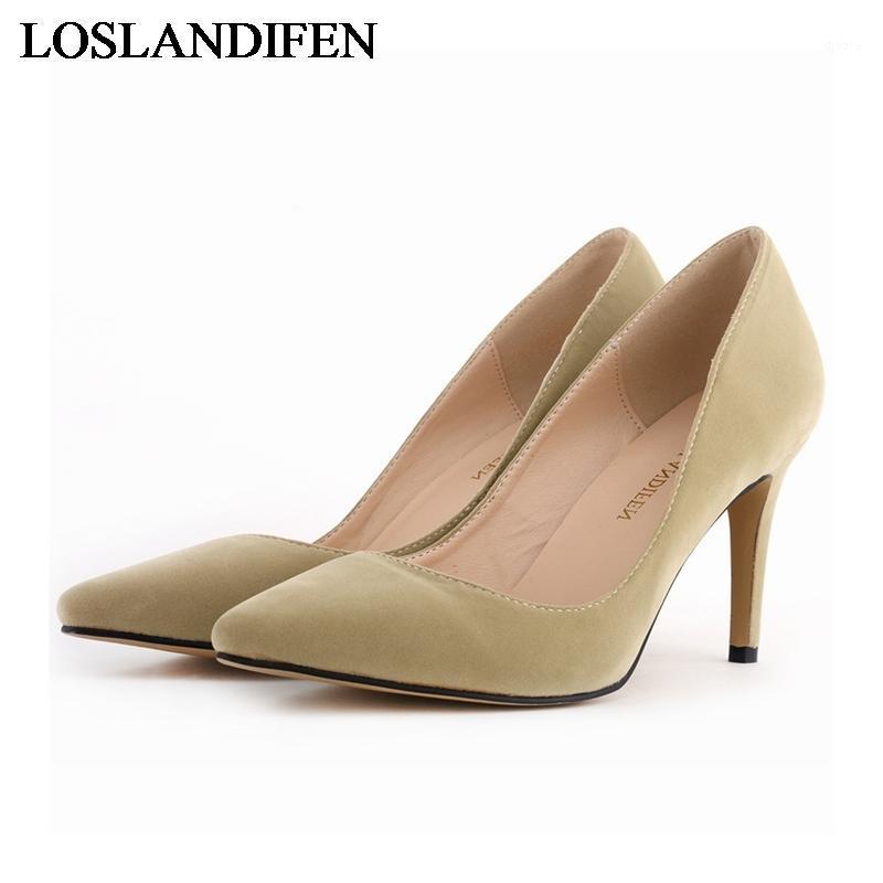

2021 Fashion Big Size 34-42 Women Nude Color High Thin Heels Pumps Brand Slip On Pointed Toe Suede Dress Shoes NLK-A00641