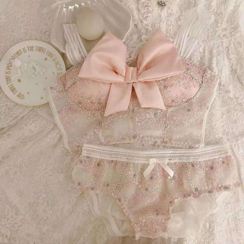 

Wriufred sweet no steel ring sequin half cup bra set comfortable sweet big bow sexy girl lingerie set female underwear for home, As picture show