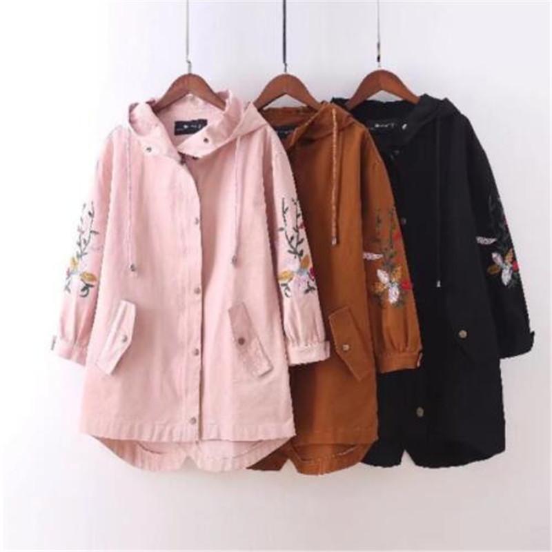 

Plus size 4XL Embroidery women hooded trench coat high-quality 2020 casual spring ladies oversized outwear trench coat female