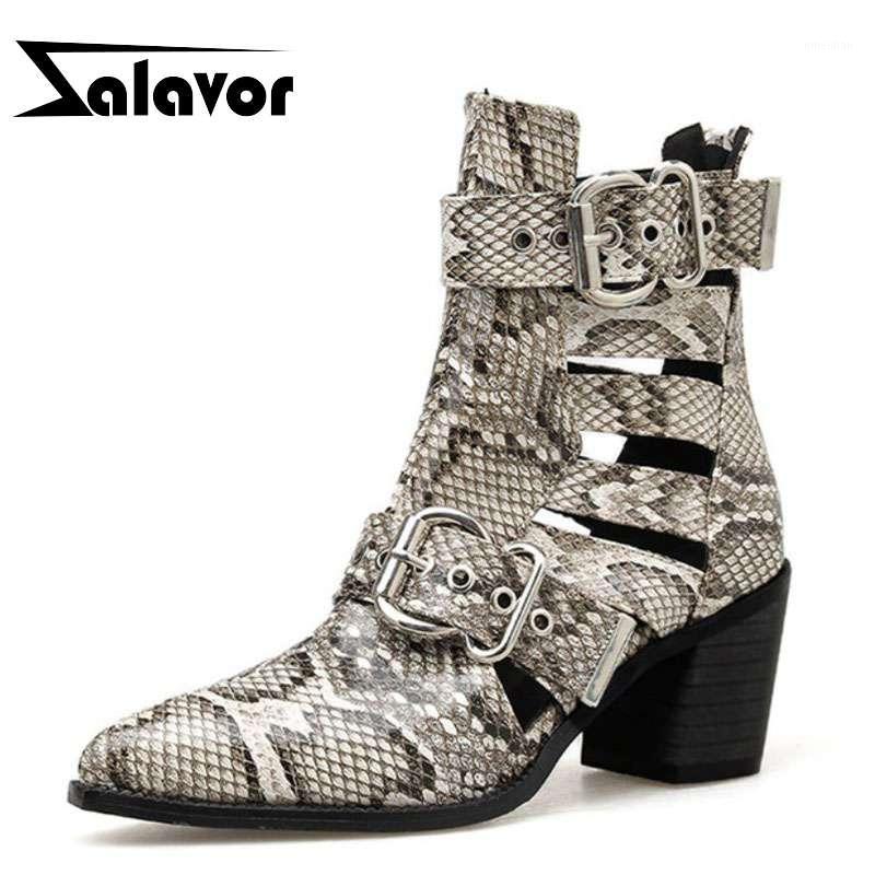 

ZALAVOR Snakeskin Pattern Women Ankle Boots Fashion Buckle Thick Heel Women Shoes Pointed Toe Female Footwear Size 35-421, Black