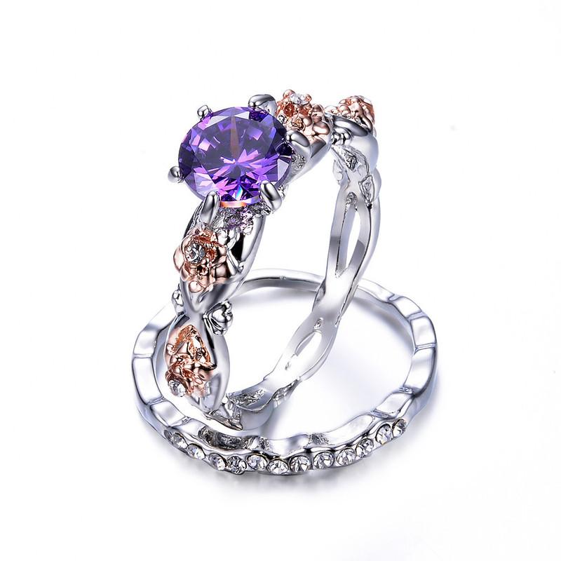 

Cluster Rings 2Pcs/Set Geometric Shaped Purple Crystal Ring Set Stainless Steel Silver Color For Women Luxury Jewelry Birthday Gift