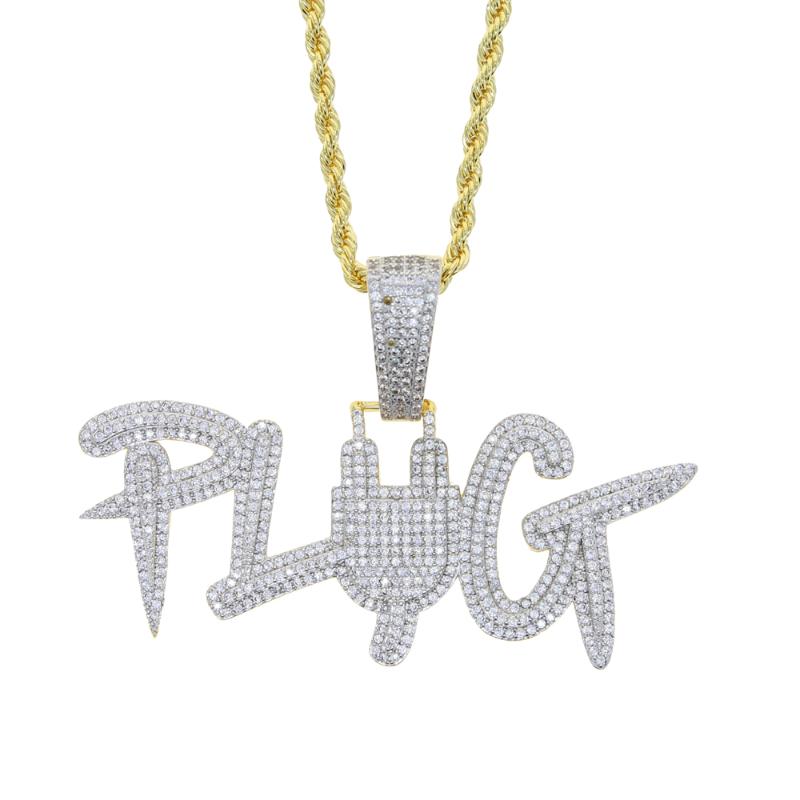 

2020 New Iced Out Silver Color CZ Plug Letter Pendant Micro Pave Finish Zircon Hip Hop Necklace Rope Chain Men's Jewelry