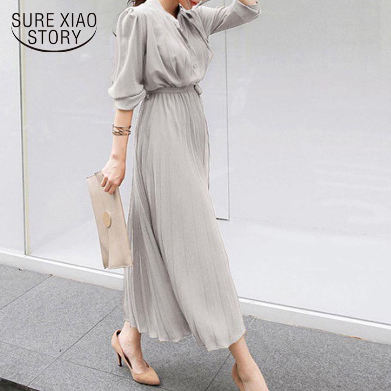 

2020 Autumn Single Breasted Chiffon Dress Women Pleated Dresses Full Sleeve Slim Waist A-line Vestidos Casual Long Dress 12377, Navy