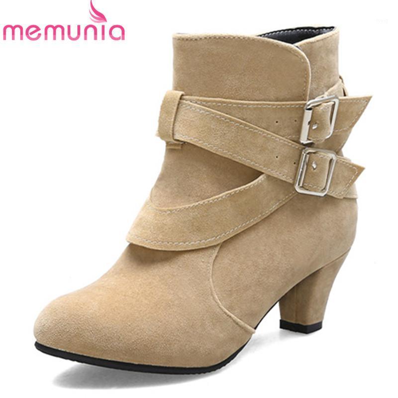 

MEMUNIA 2020 new fashion ankle boots for women flock buckle round toe dress office shoes ladies autumn winter short boots1, Black