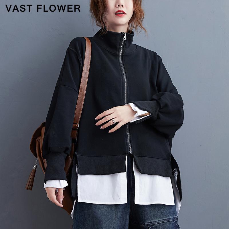 

Patchwork Irregular Zipper Jacket Women Vintage Turtleneck Long Sleeve Fashion Loose Causal Jacket Coat Autumn Winter 2020, Black