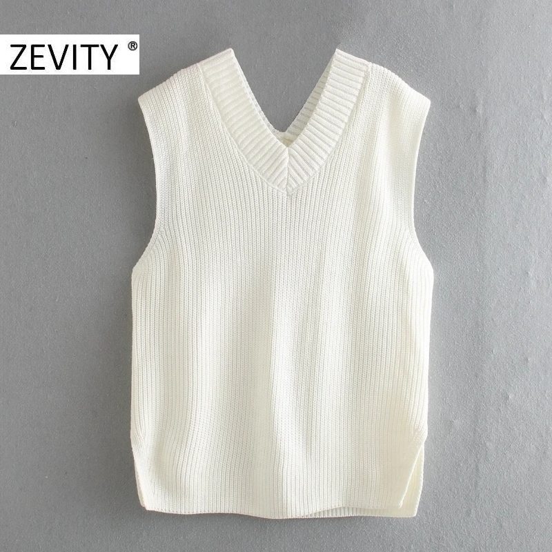 

Zevity New Women Fashion V Neck Sleeveless Knitting Vest Sweater Female Side Split Pullovers Chic Leisure Jumpers Tops S447 201130, Xqj s446w