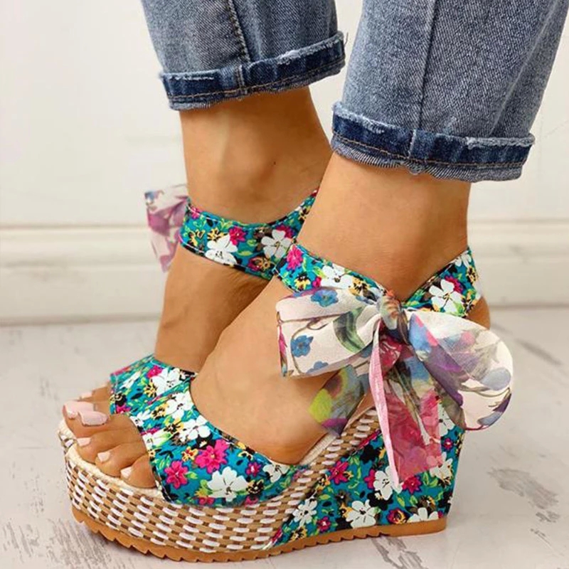 

Women Wedge Sandals Female Open Toe Floral Bowknot Platform Bohemia High Heel Sandals Fashion Ankle Strap Ladies Shoes Summer #U31y, Beige