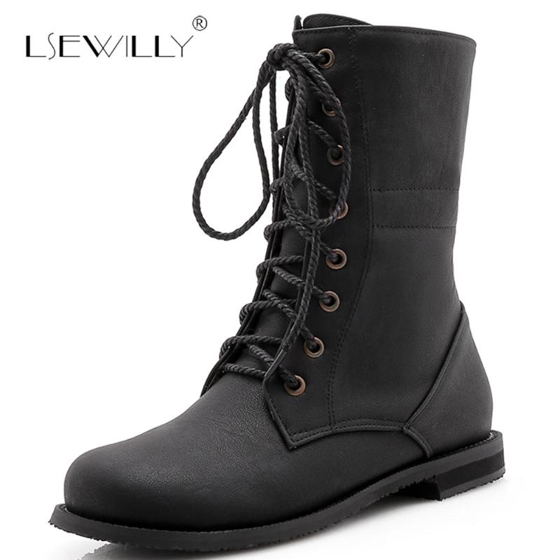 

Lsewilly Top Quality Large Size 28-52 Flat Heels Women's Shoes Woman Fashion Ankle Boots Woman Shoes lace up Lady Boots E19, Black