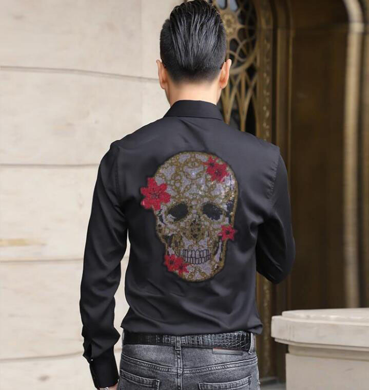 

2021 New Shirt Cotton Rhinestones Long Sleeve Streetwear Casual Breathable Men Brand Shirts L4fk, As shown