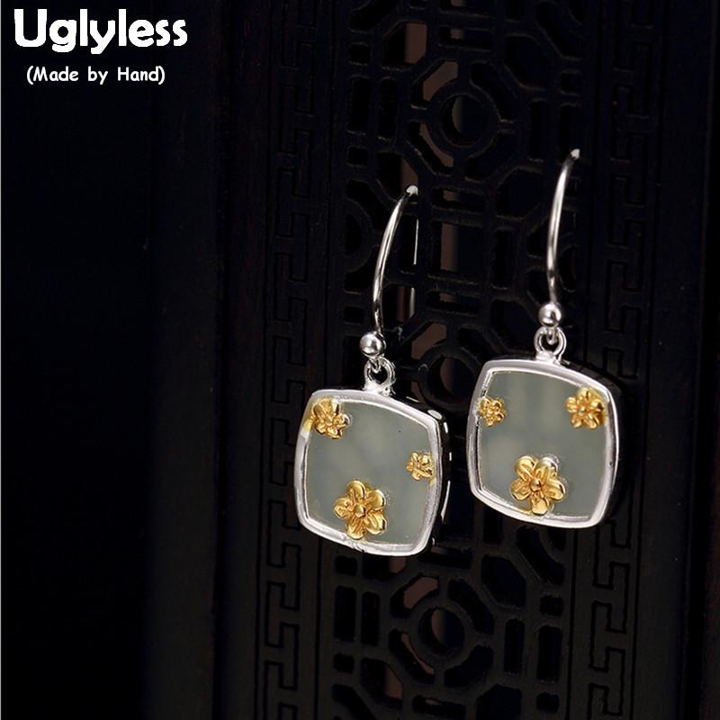 

Uglyless S 925 Sterling Silver Square Dangle Earrings Handmade Engraved Flower Earrings Natural White Jade Women Ethnic Jewelry