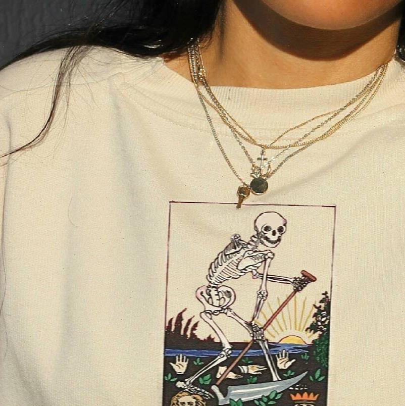 

death of emotions skull bones demon personality dark print t shirt women summer casual loose harajuku retro short sleeve, White