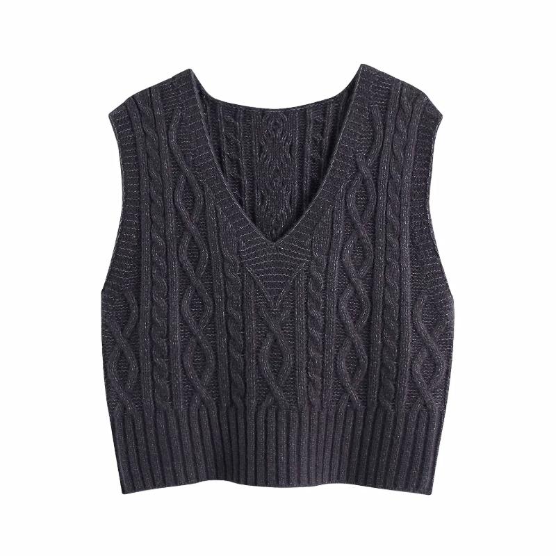 

2021 New Women V Neck Crochet Knitting Short Sweater Female Sleeveless Pullover Casual Lady Loose Tops SW1100, As pic