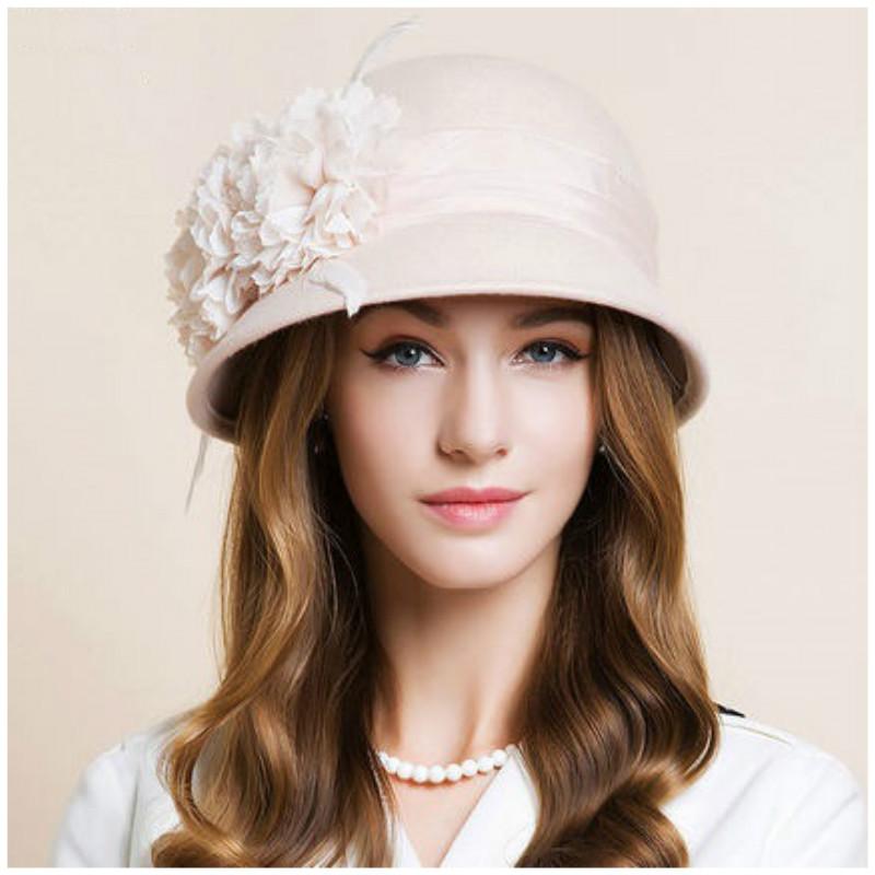 

Lady Autumn winter hat female fedoras Wool Hat British fashion South Korea style with flower Winter B-1158, Black