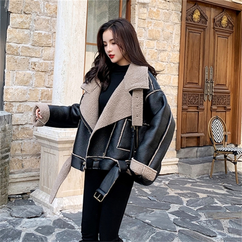 

2021 New Artificial Thick Winter Motorcycle Female Collar Long Sleeve Plutonium Leather Jacket 6kme, Black.