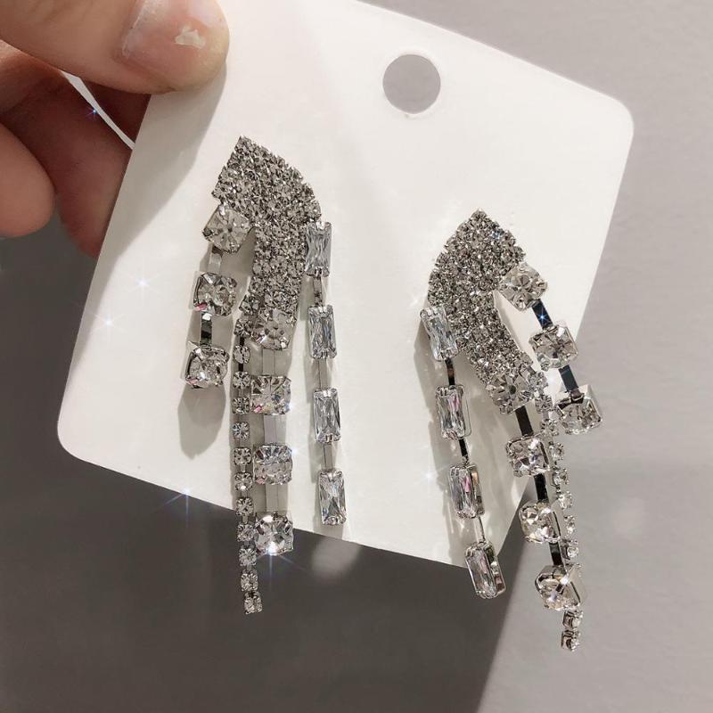 

AENSOA 2020 New Gold Silver Color Rhinestone Crystal Long Tassel Earrings for Women Luxury Bridal Drop Hanging Earrings Brincos