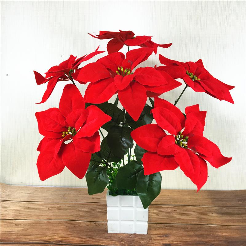 

7 forks poinsettia artificial flowers Christmas silk flowers Christmas potted decorative floral for home decoration fake, Red 5 heads