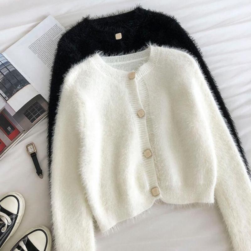 

2020 Korean Women Knitted Cardigan Sweater Female Cardigans O-Neck Long Sleeve Women Sweater Coat Jacket Ladies Outerwear JW9831, White