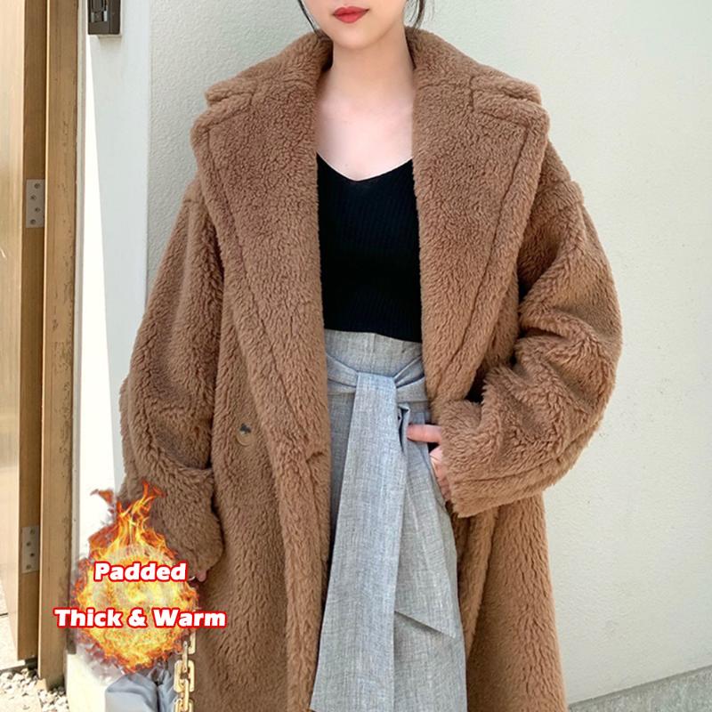 

JuneRain Women Winter Longer Faux Fur Warm Long Coat Long Sleeve Female Thick Teddy Bear Coat Casual Loose Oversize Outwears, Normal beige