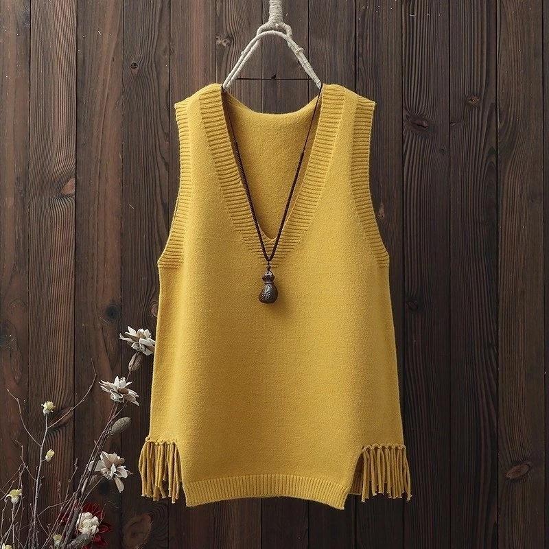 

Women's V-neck sweater open back knitted edge loose casual vest Korean version 2020 spring pullover, Beige