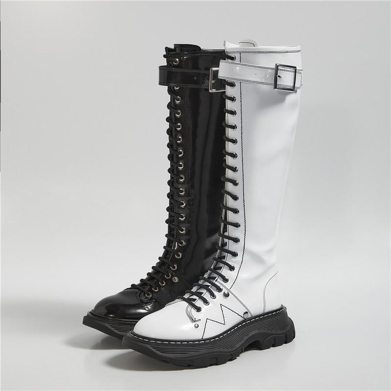 

Mobetty Women Knee-high Leather Boots Cross-tied Platform Ladies boots Belt Casual Solid Color Flat platform Heel Botas feminina, Black