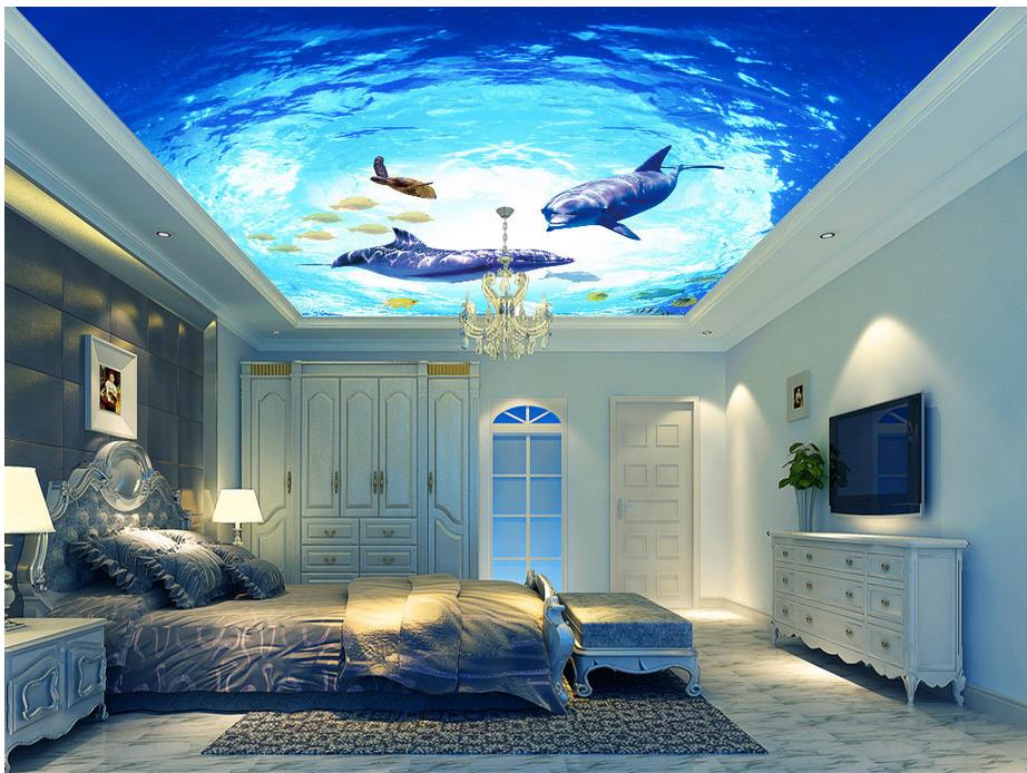 

beautiful scenery wallpapers 3d ceiling murals wallpaper Fantasy underwater world dolphin ceiling, Blue