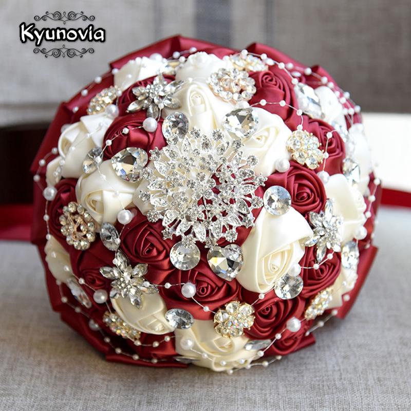 

Kyunovia Burgundy Brooch Bouquet Ivory Bride Bouquets De Mariage Artificial Crystal Wedding Flowers Buque De Noiva 4 Colors FE86, White