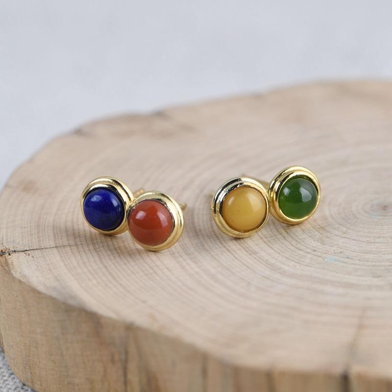 

Stud S925 Silver Simple Fashion Round Earrings Retro Personality Multi-color Optional Inlaid For Women Man