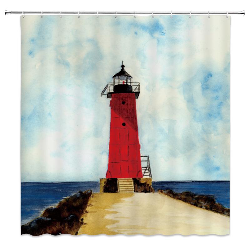 

Bath Curtain 3d Printing lighthouse Shower Curtains 180*200cm Waterproof Bathroom Curtain Home Washable Fabric With Hooks